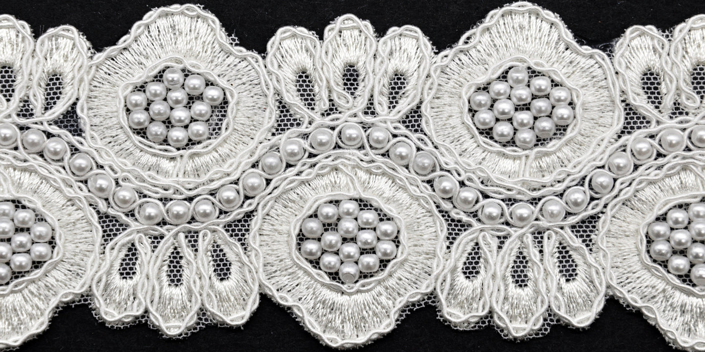 Belagio Enterprises - 2 1/2" Width Embroidered Lace Trim with Pearls (15 Yard Roll) - BTP-1808-27  White