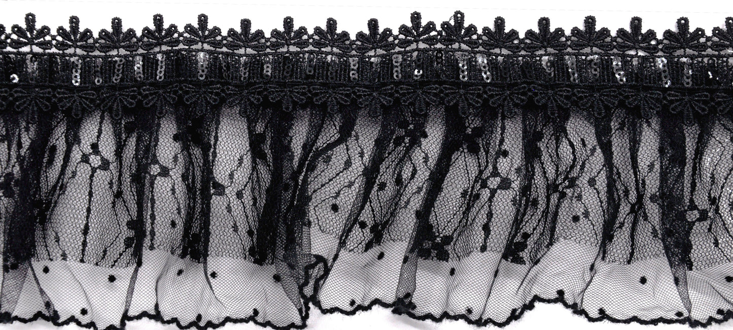 Belagio Enterprises - 3 1/2" Width Doubled Gathered Lace (10 Yard Roll) - BRL-802-02 Black