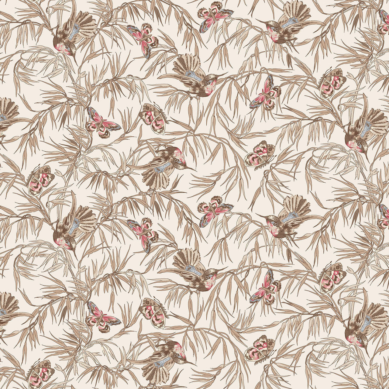 Birds and Butterflies White Meadow Blush 43"/44" Cotton Fabric Per Yard