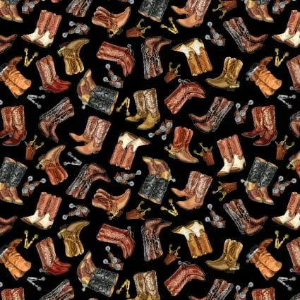 Black Charcoal Cowboy Boots Yellowstone Cotton Wideback Fabric - ( 1 5/8 Yard Pack )