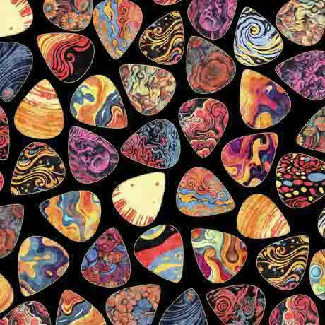 Black Guitar Pics 44"/45" Fabric Per Yard