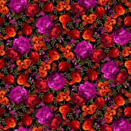 Black Hot Midnight Floral Cotton Wideback Fabric per yard