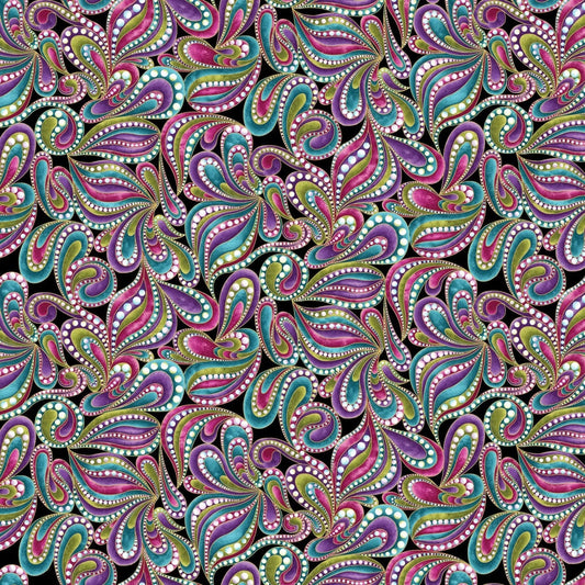 Black Multi Paisley Style Cotton Wideback Fabric Per Yard