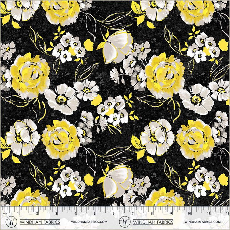 Black Verona Fiori Cotton 44/45 Fabric Per Yard