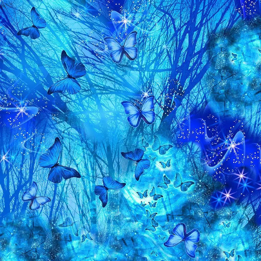 Blue Bright Night Butterflies Royalty Cotton Wideback Fabric Per Yard