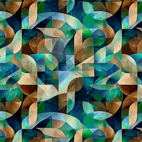 Blue Green Teal Kaleidoscope Geo Cotton Wideback Fabric - ( 3/4 Yard Pack )