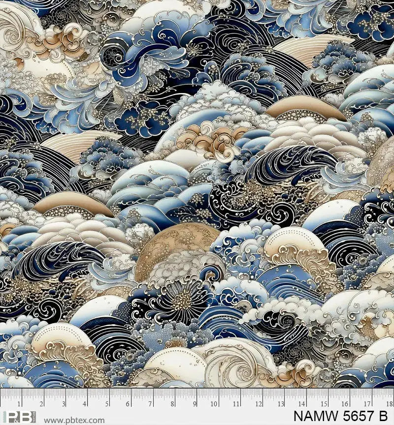 Blue Multi Waves in Motion Nami Wideback Fabric Per Yard