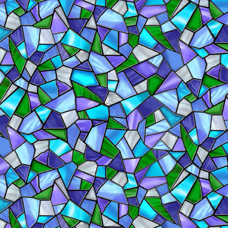 Blue Sunlit Birds Mosaic Wideback Cotton Fabric per yard