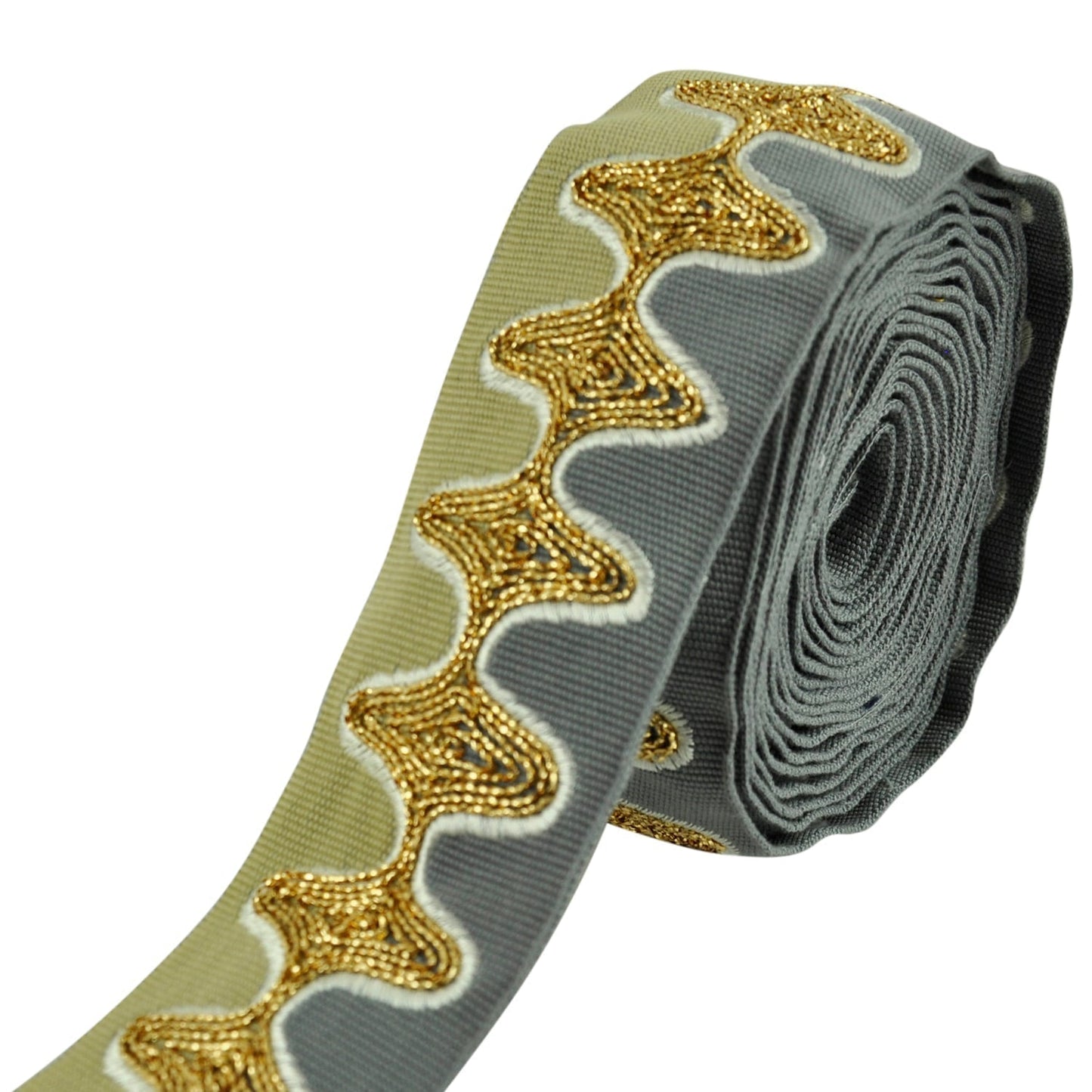 Bose Waves Embroidered Decorative Trim Tape - 2" Width (25 YDS) - BR-7533-82/49 Taupe/Pewter