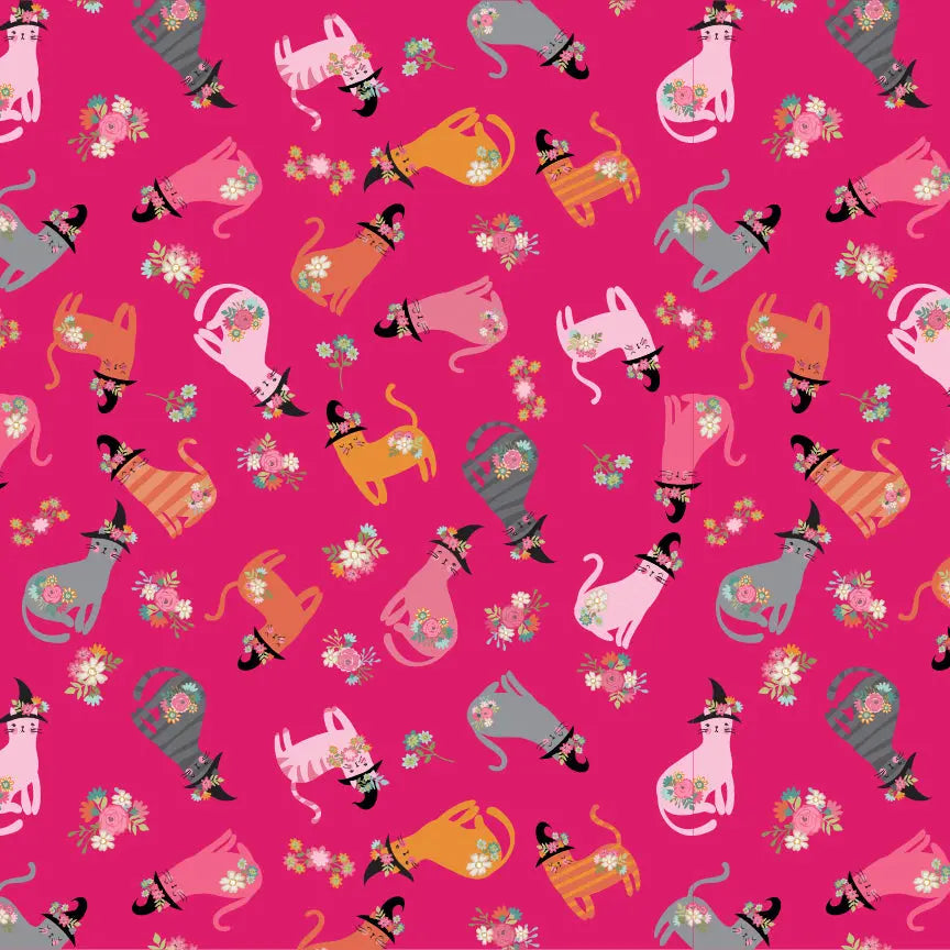Cats In Hats Poppie Cotton Pink 44"/45" Fabric - ( 1 Yard Pack )