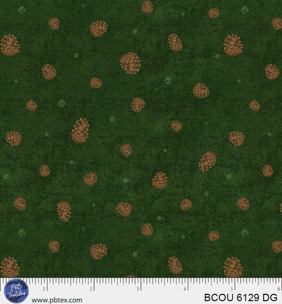 Dark Green Pinecones Bigfoot Country BCOU-6129-DG Cotton 44/45 Fabric Per Yard