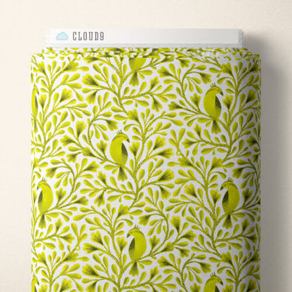 Dark Lime Citrine Birds and Branches Cotton 44/45 Fabric Per Yard