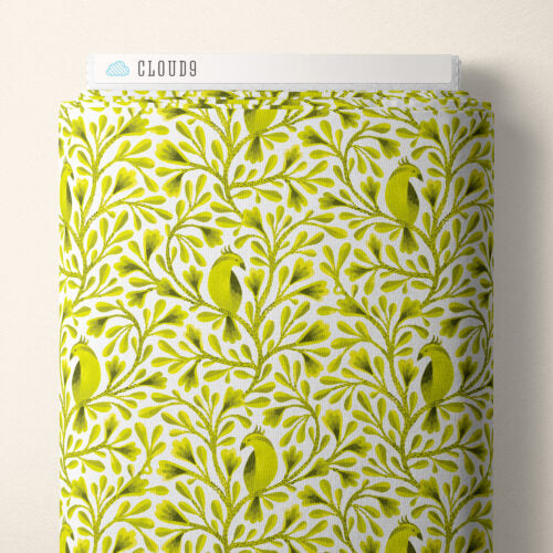 Dark Lime Citrine Birds and Branches Cotton 44/45 Fabric Per Yard