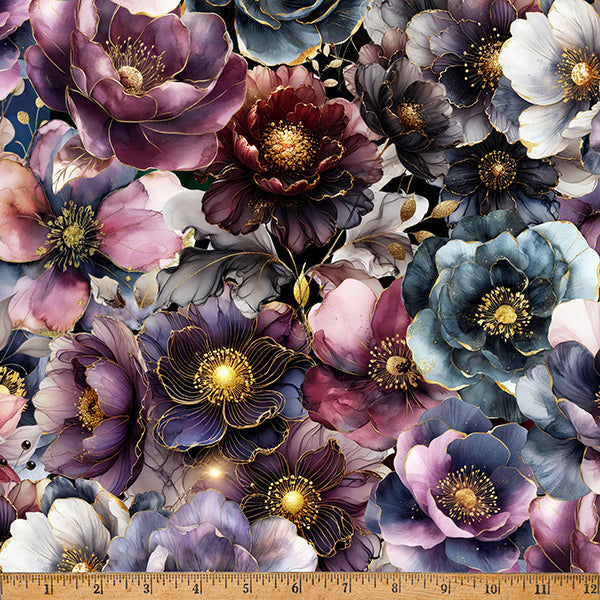 Deep Amethyst Midnight Flora A Hoffman Spectrum Print Cotton 43"/44" Fabric Per Yard