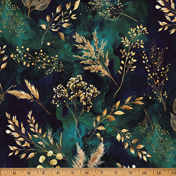 Deep Teal Midnight Flora A Hoffman Spectrum Print Cotton 43"/44" Fabric Per Yard