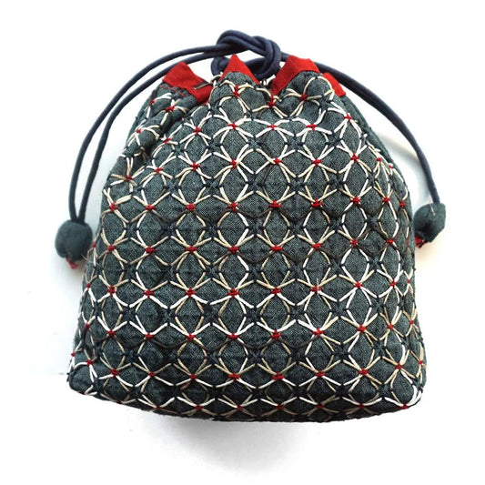 Drawstring Bag with KOKI Weaving Sashiko Hydrangea Half Kit Blue