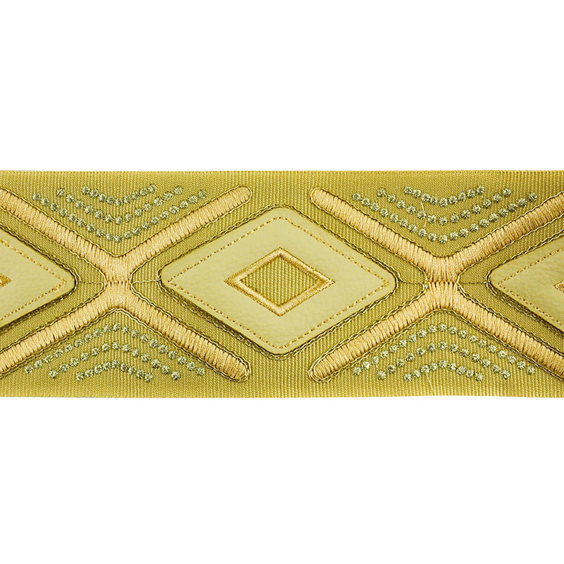 Embroidered Decorative Woven Trim Tape with Faux Leather Detail - 3" Width Diamond Design (25 Yard Roll) - BR-7536-10 Gold