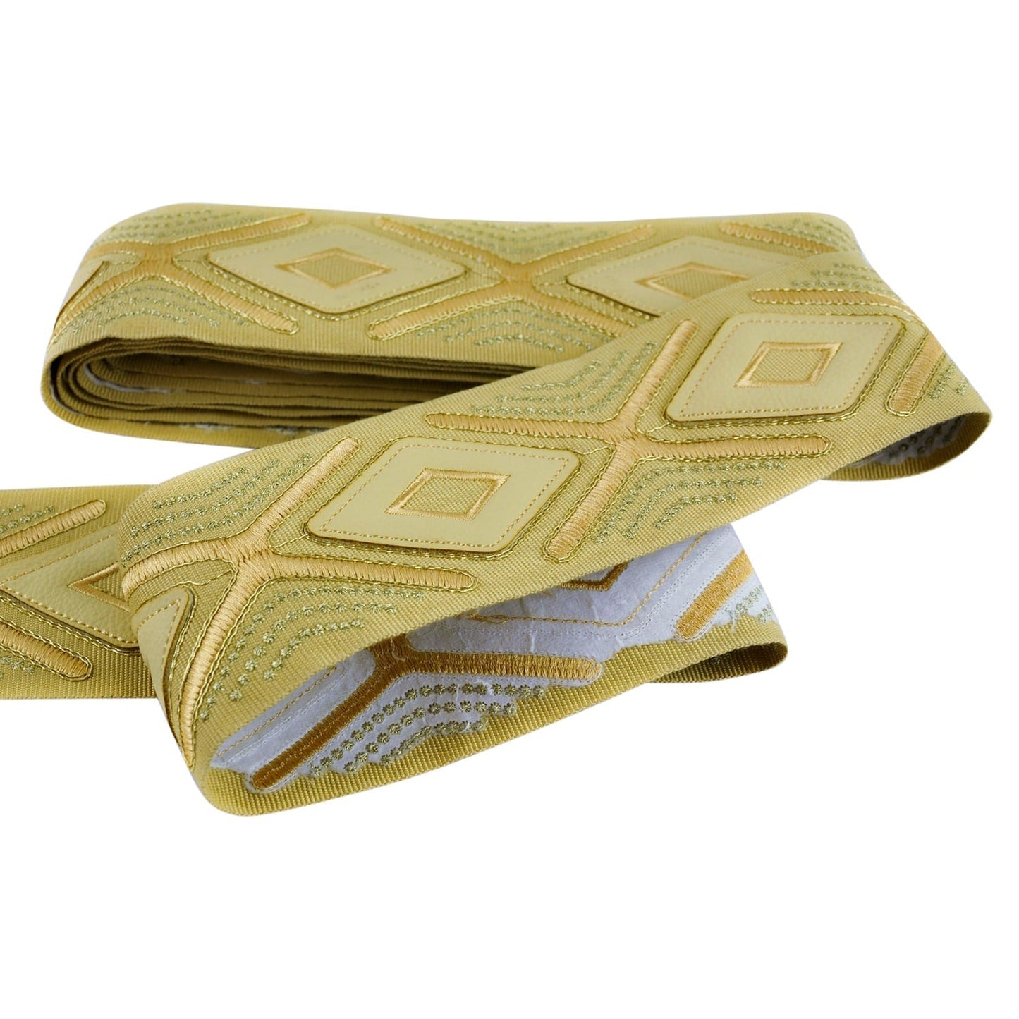 Embroidered Decorative Woven Trim Tape with Faux Leather Detail - 3" Width Diamond Design (25 Yard Roll) - BR-7536-10 Gold