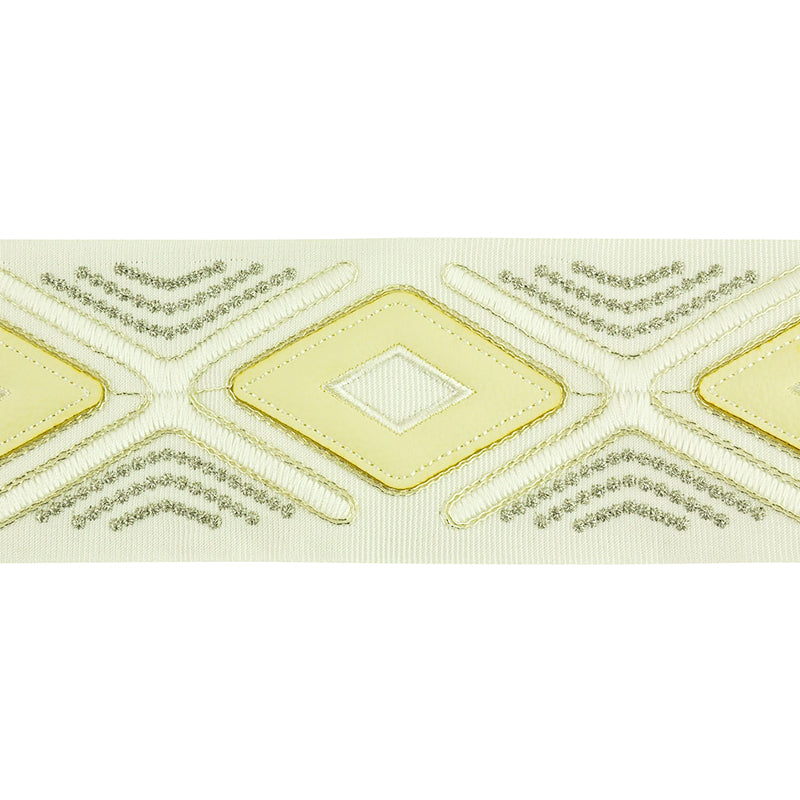 Embroidered Decorative Woven Trim Tape with Faux Leather Detail - 3" Width Diamond Design (25 Yard Roll)-BR-7536-24 Ivory