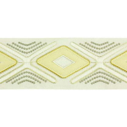 Embroidered Decorative Woven Trim Tape with Faux Leather Detail - 3" Width Diamond Design (25 Yard Roll)-BR-7536-24 Ivory