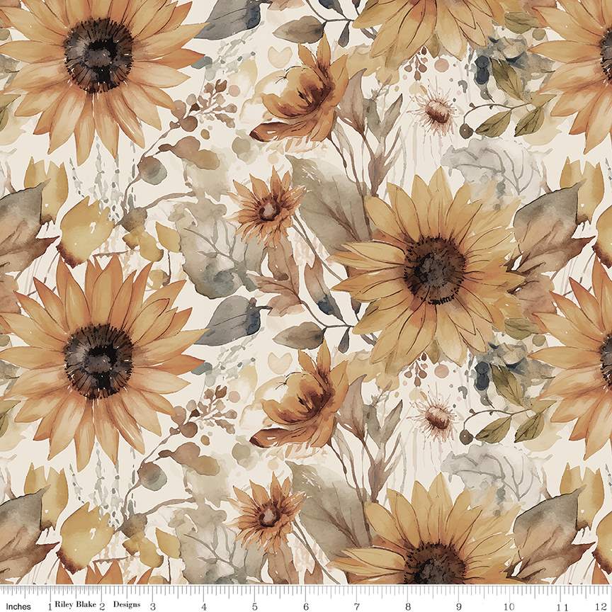 Evening on the Prairie Watercolor Sunflowers Cream Cotton Wideback Fabric per yard