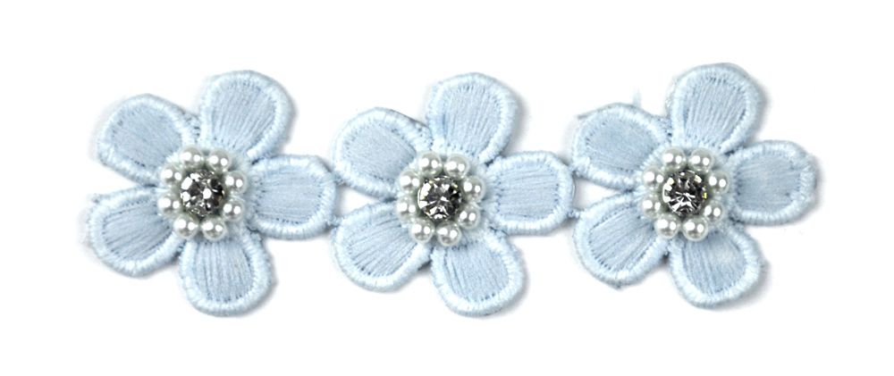 Flower Trim with Pearl Rhinestone - 1 1/2" Width (15 Yard Roll) - BFT-1200-03 Light Blue