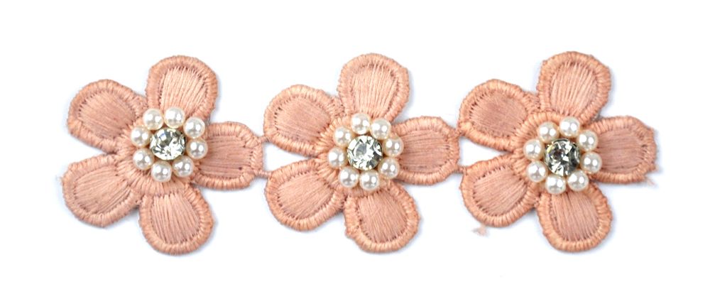 Flower Trim with Pearl Rhinestone - 1 1/2" Width (15 Yard Roll) - BFT-1200-20 Pink