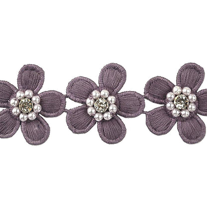 Flower Trim with Pearl Rhinestone - 1 1/2" Width (15 Yard Roll) - BFT-1200-26 Purple
