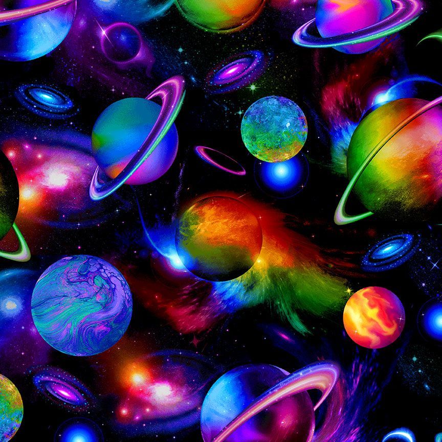 Black Bright Solar System Cotton 44"/45" Fabric Per Yard