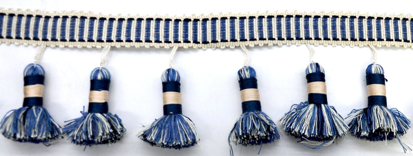 Godiva Collection - 4" length LARGE TASSEL FRINGE (25 Yard Roll) - BF-4098-05/24 Navy Blue and Ivory