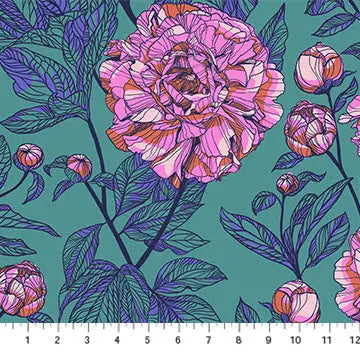 Green Teal With Pink Rose Indelible by Anna Maria for Northcott Cotton Wideback Fabric per yard