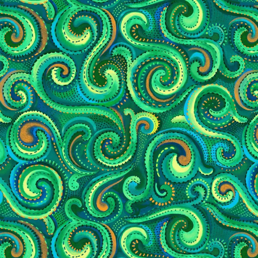 Green Whirlwind Swirl Cotton Wideback Fabric per yard