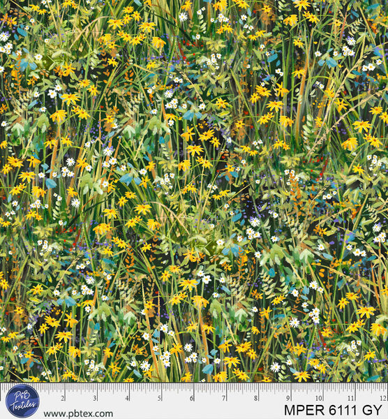 Green / Yellow Floral Meadow Perch MPER-6111-GY Cotton 44/45 Fabric Per Yard