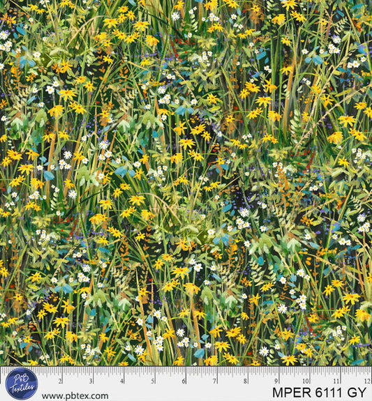 Green / Yellow Floral Meadow Perch MPER-6111-GY Cotton 44/45 Fabric Per Yard