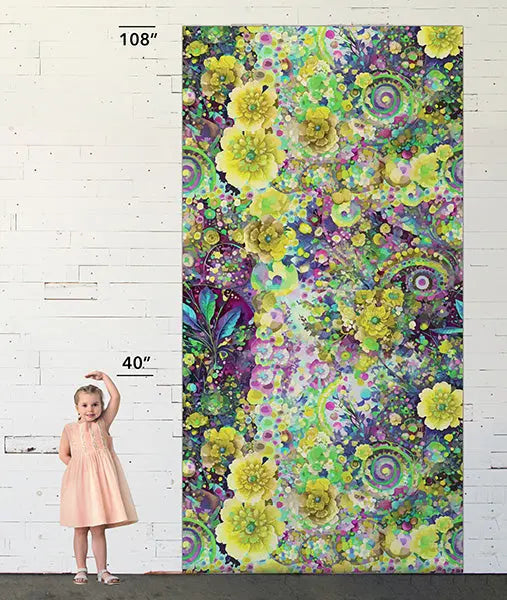 Lime Whimsical Flower Garden Wideback Fabric Per Yard