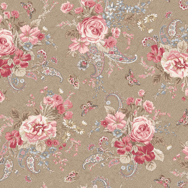 Bouquet Dark Tan Meadow Blush 43"/44" Cotton Fabric Per Yard