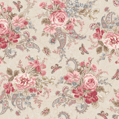 Bouquet Tan Meadow Blush 43"/44" Cotton Fabric Per Yard
