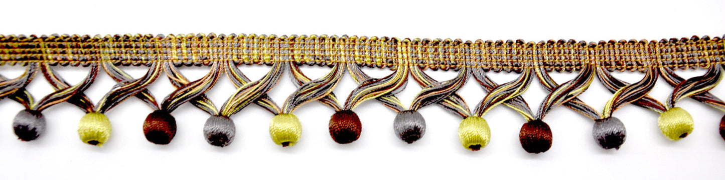 MIlante Collection - 1 3/4" Length BALL FRINGE (25 Yard Roll) - BF-1481-63/49 Lime, Grey and Brown
