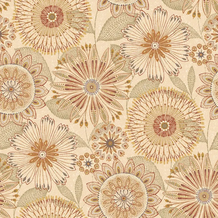 Natural Tan Floral Medallions Cotton Wideback Fabric per yard