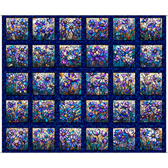 Navy Mosaic Blooms Stained Glass Floral Picture Panel Cotton 44/45 Fabric Per Yard