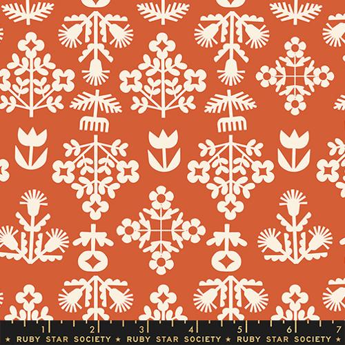 Paper Cuts 2 Persimmon Orange Fresh Cut Flowers Florals Folk Cotton 43"/44" Fabric Per Yard