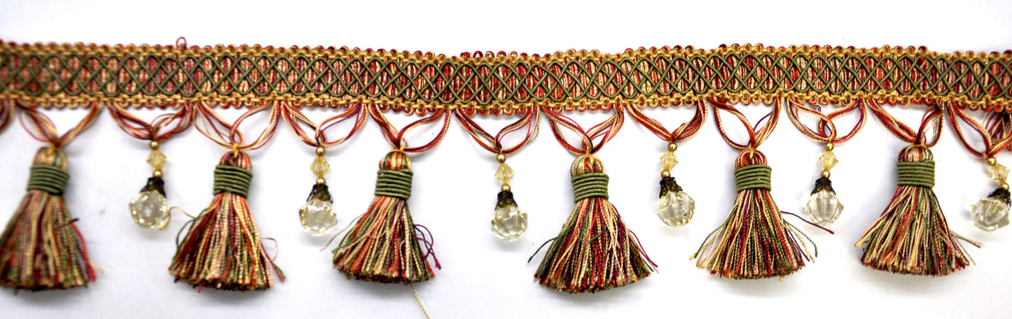 Paulette Collection - 4" width BEADED TASSEL FRINGE (25 Yard Roll) - BF-4027-82/17 Wine Red and Gold