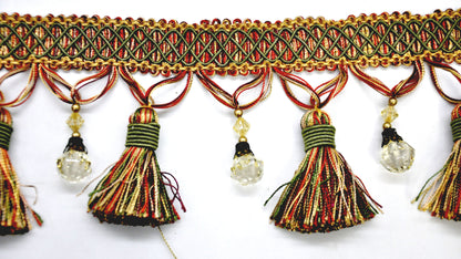 Paulette Collection - 4" width BEADED TASSEL FRINGE (25 Yard Roll) - BF-4027-82/17 Wine Red and Gold