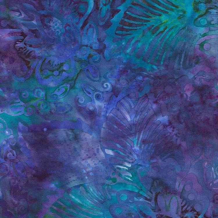 Blue Purple Tri Exotic Leaf Reef Batik Wideback Fabric Per Yard