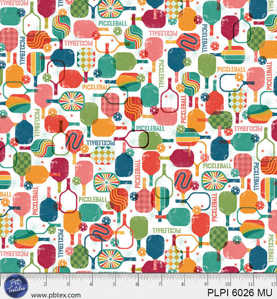 Racket Ball Peace, Love, Pickleball Cotton 44/45 Fabric Per Yard
