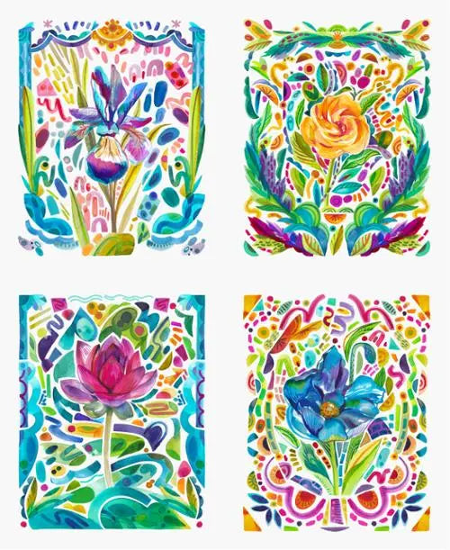 Radiant Rainbow Wild Bold Flowers Watercolor 36" x 44" Panel