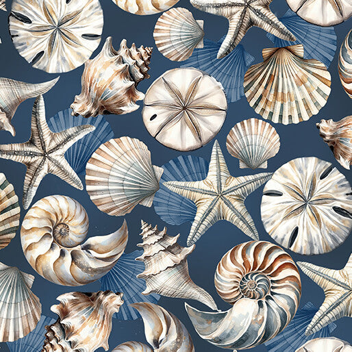 Seashell Serenade Blue Coastal Cotton Wideback Fabric per yard