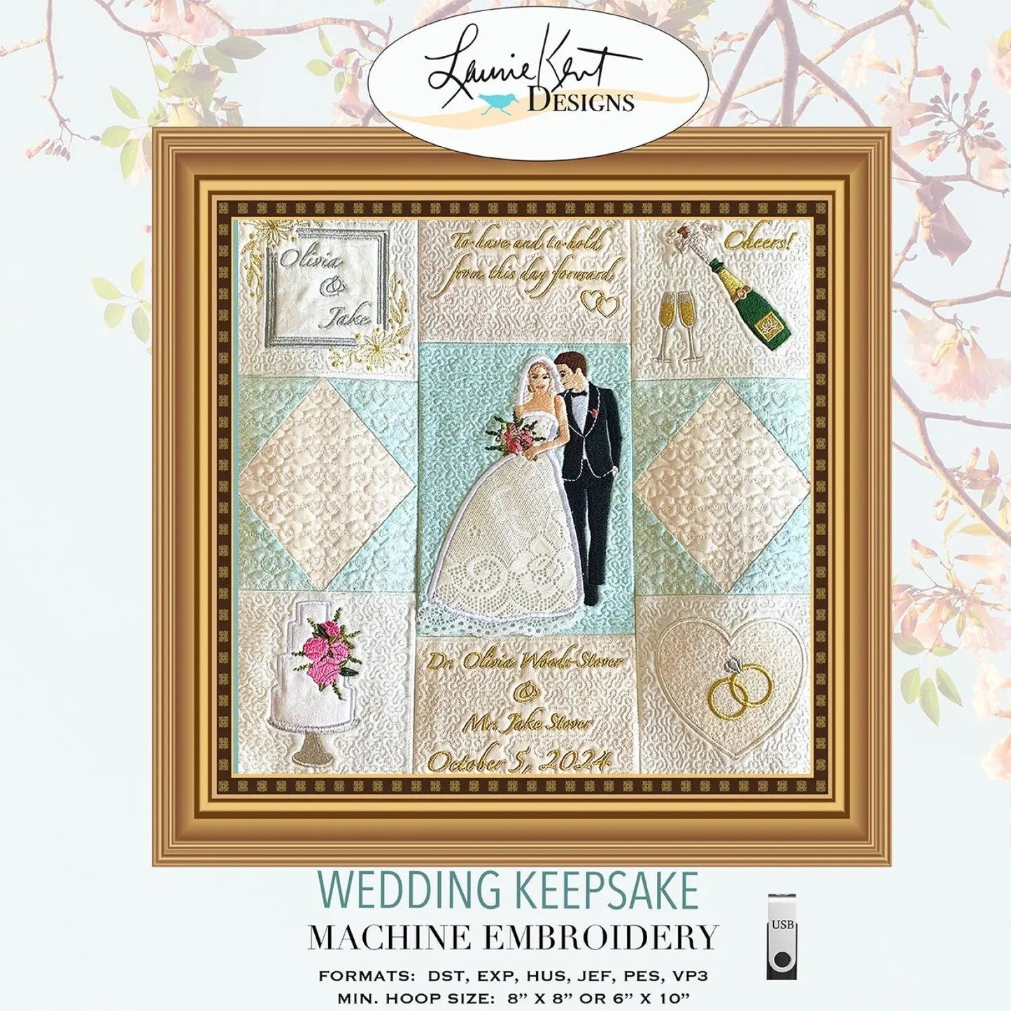 Wedding Keepsake Wall Hanging Embroidery Pattern with USB