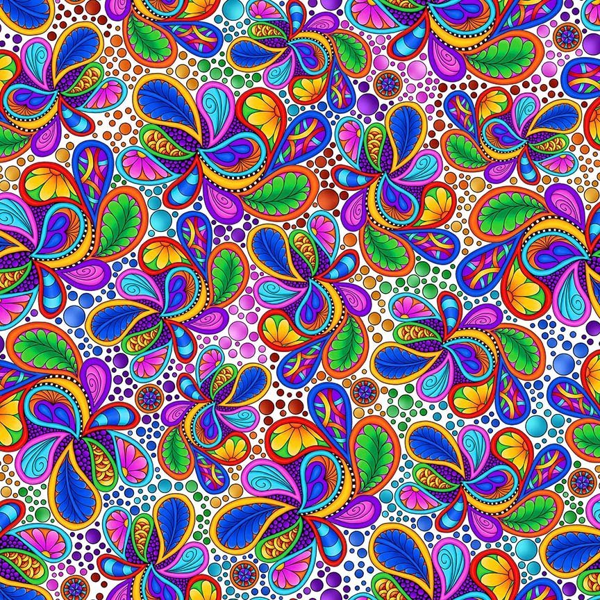 White Carnivale Packed Paisleys Cotton 43"/44" Fabric Per Yard