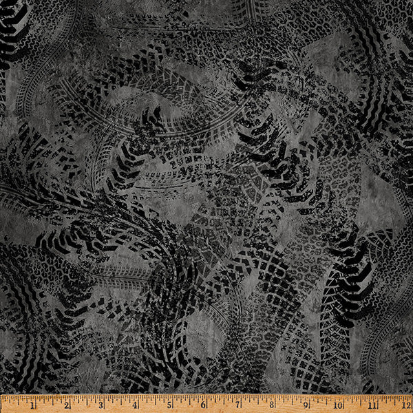 Black Hammer Down Tire Tracks 43"/44" Fabric Per Yard